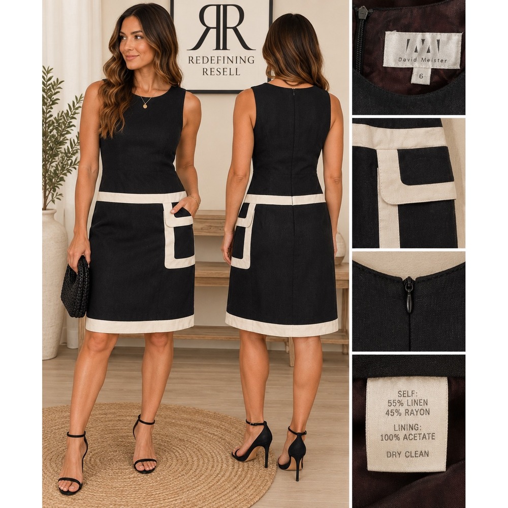 David Meister Black Linen Blend Colorblock Sheath Dress Size 6 Sleeveless Mod